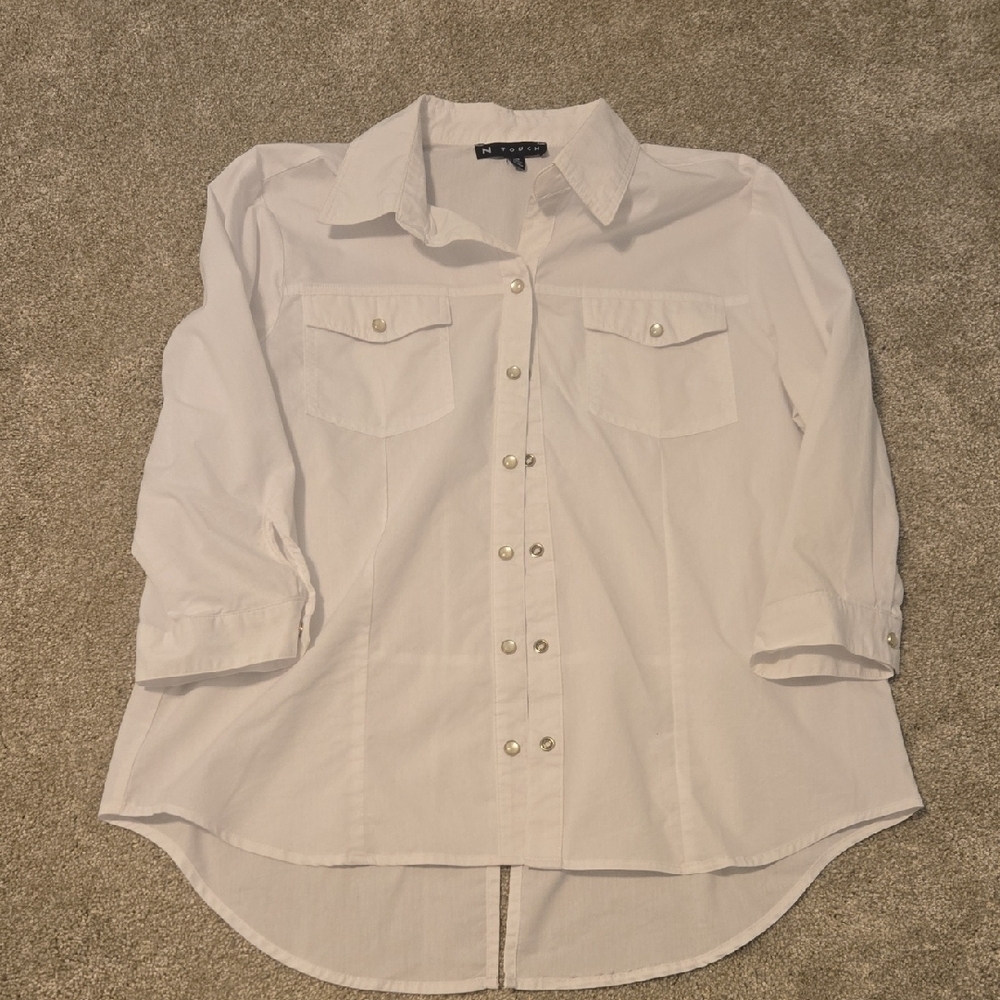N Touch White Button-Up Shirt Pearl Buttons 3 Quarter Langeth SLEEVES Size M
